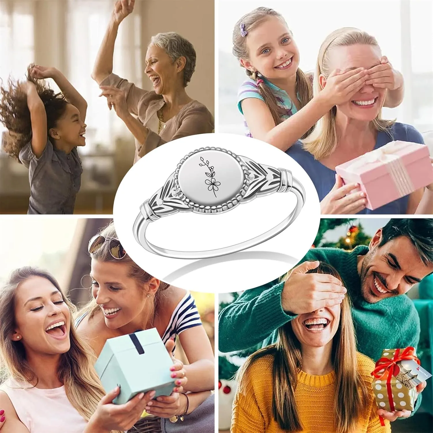 Birth Flower Ring for Women Personalized Birth Flower Signet Rings 925 Sterling Silver Vintage Rings Personalized Gift with Birth Flowers for Mom Daughter Girlfriend Wife Friend
