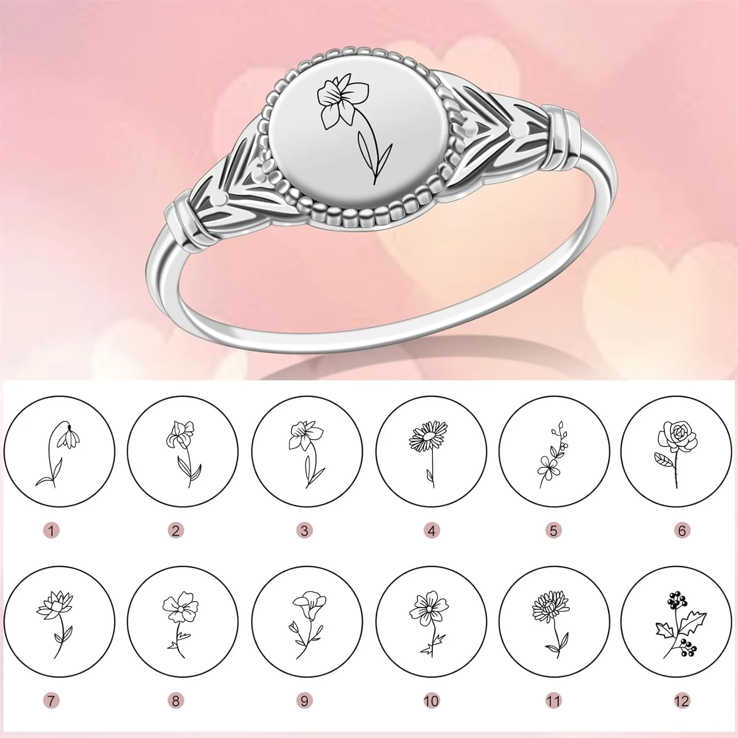 Birth Flower Ring for Women Personalized Birth Flower Signet Rings 925 Sterling Silver Vintage Rings Personalized Gift with Birth Flowers for Mom Daughter Girlfriend Wife Friend