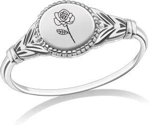 Birth Flower Ring for Women Personalized Birth Flower Signet Rings 925 Sterling Silver Vintage Rings Personalized Gift with Birth Flowers for Mom Daughter Girlfriend Wife Friend