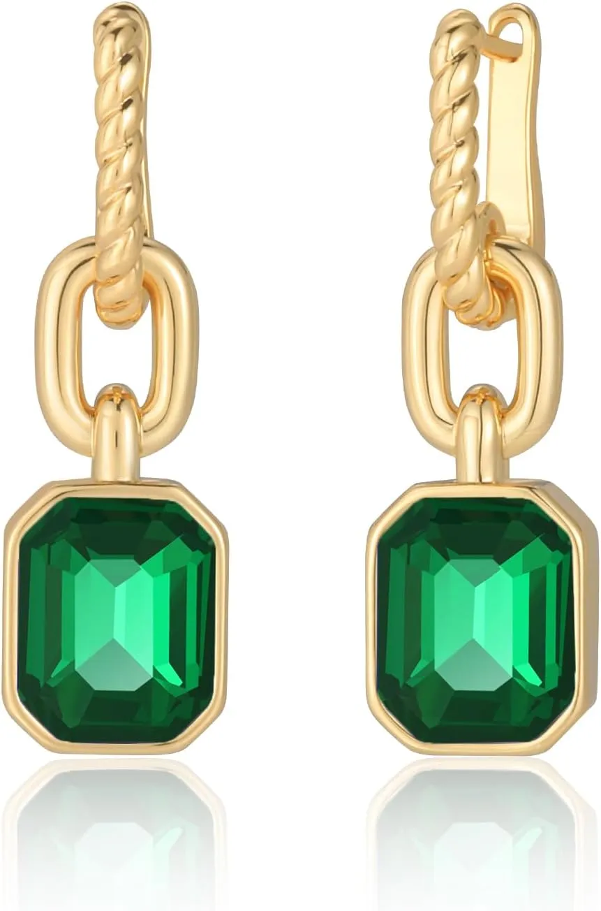 Birthstone Crystal Dangle Drop Earrings, 18K Gold Plated Huggie Hoop Hypoallergenic Earring Jewelry Gifts for Women