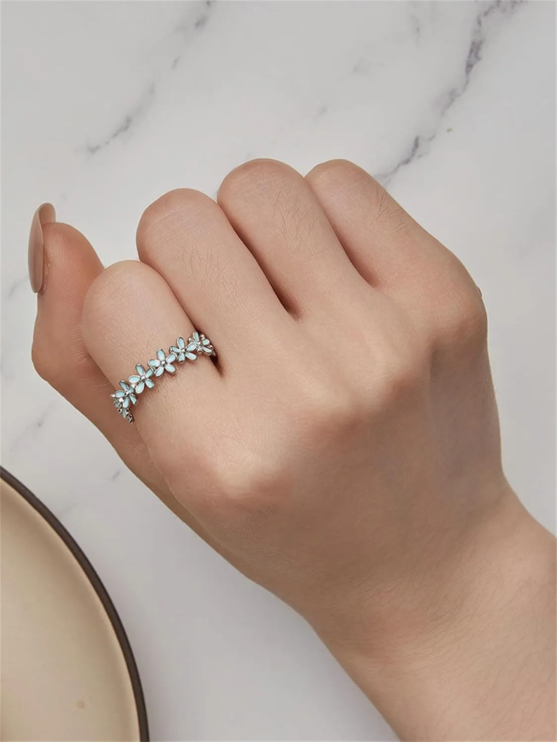 BISAER 925 Sterling Silver Blue Flower Ring Blue Color Floral Stack Solitaire Finger Rings for Women Teens Gift Jewelry