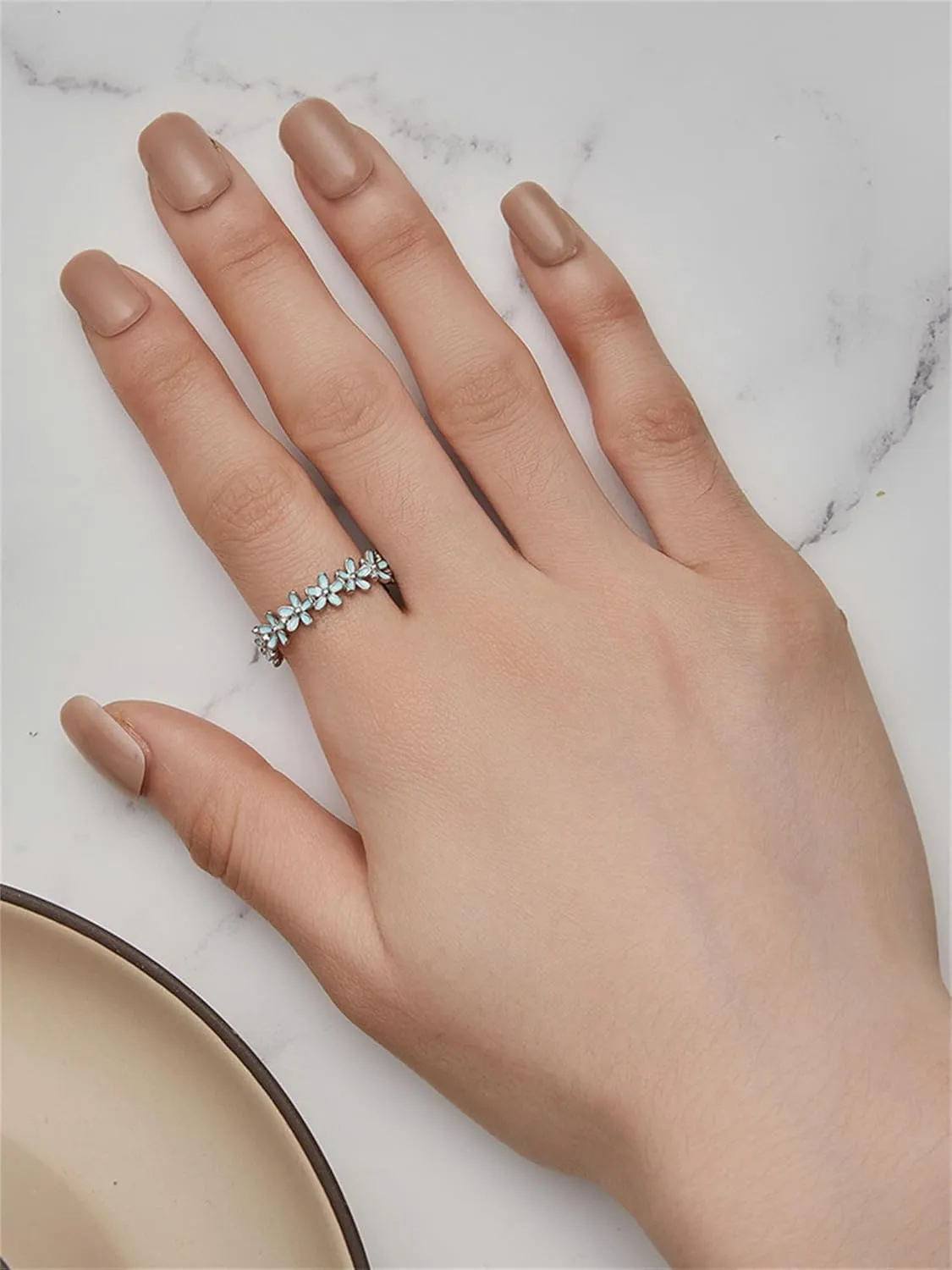 BISAER 925 Sterling Silver Blue Flower Ring Blue Color Floral Stack Solitaire Finger Rings for Women Teens Gift Jewelry