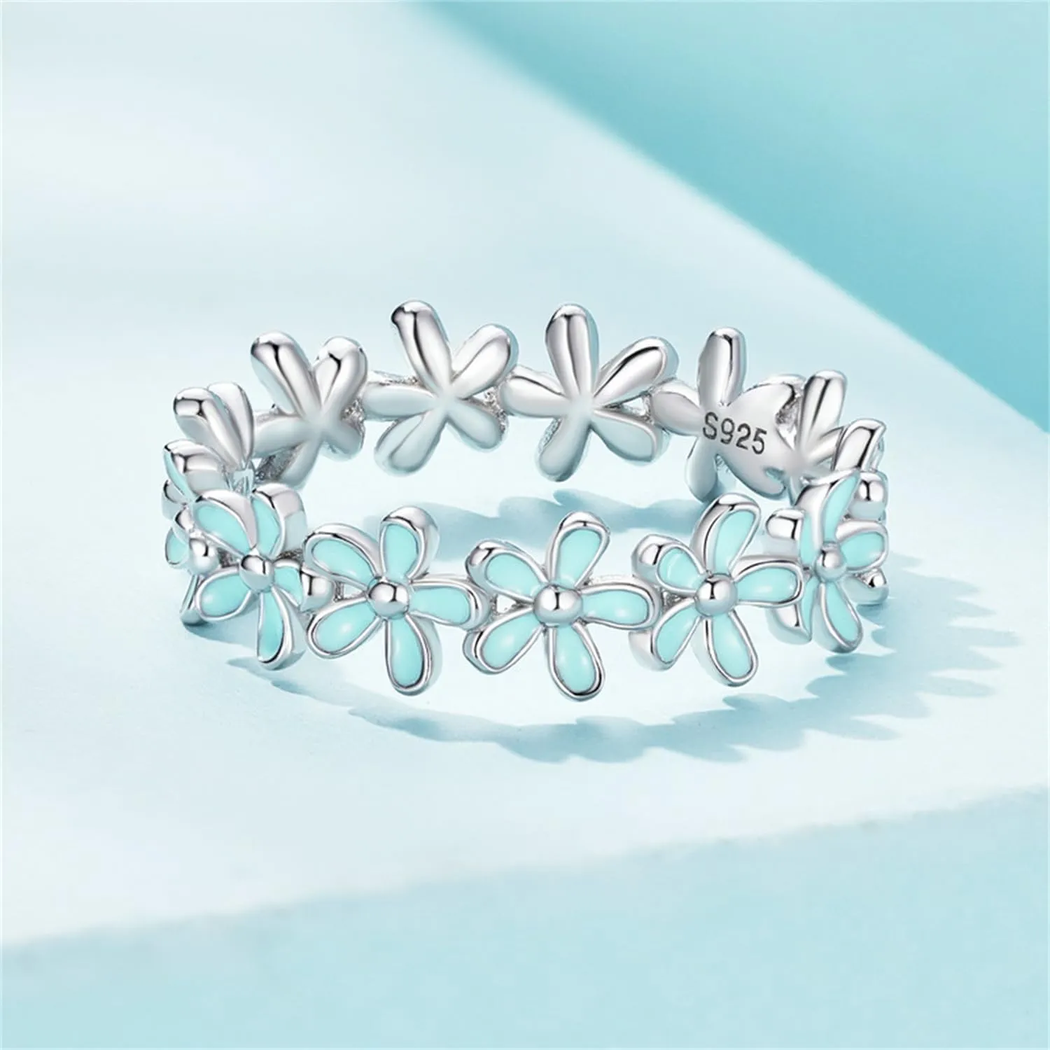 BISAER 925 Sterling Silver Blue Flower Ring Blue Color Floral Stack Solitaire Finger Rings for Women Teens Gift Jewelry