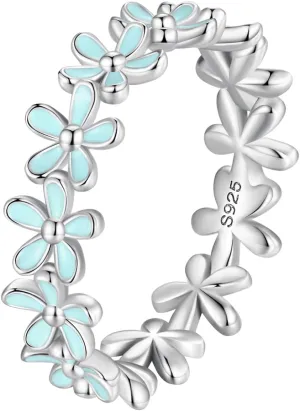 BISAER 925 Sterling Silver Blue Flower Ring Blue Color Floral Stack Solitaire Finger Rings for Women Teens Gift Jewelry