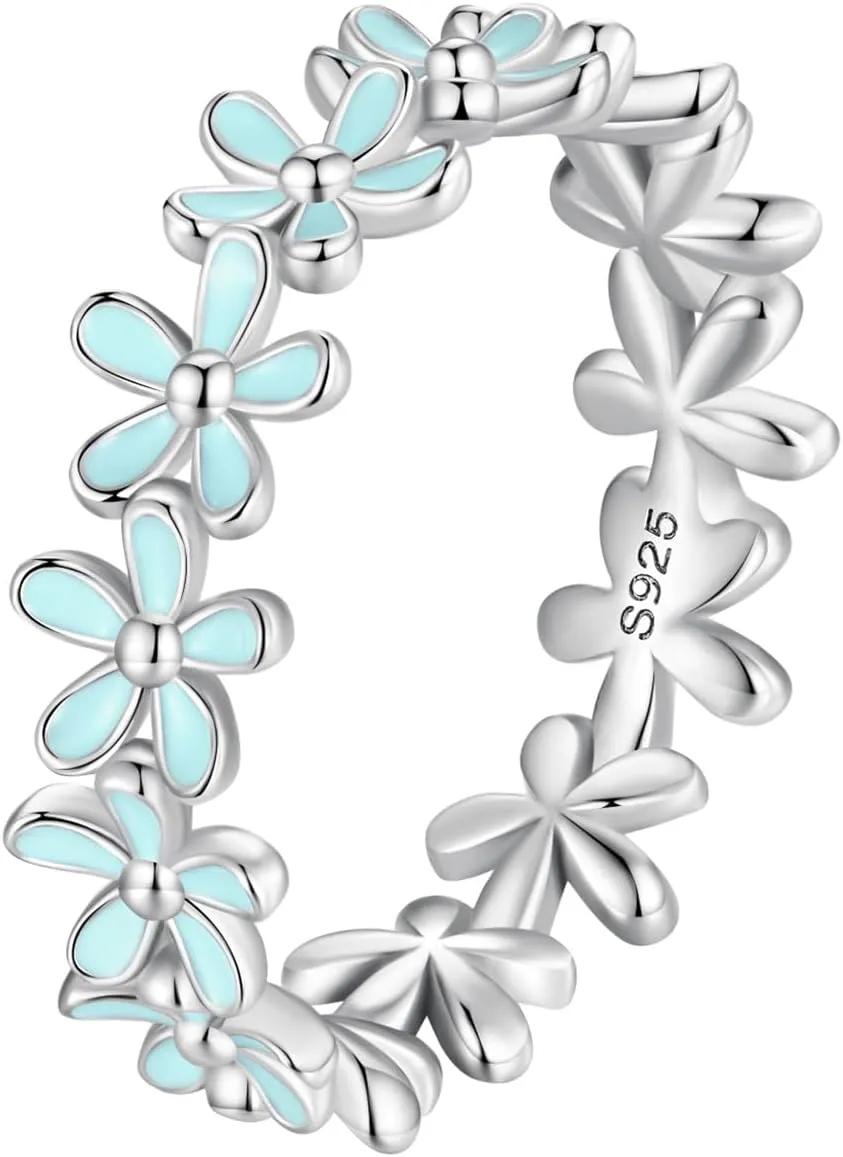 BISAER 925 Sterling Silver Blue Flower Ring Blue Color Floral Stack Solitaire Finger Rings for Women Teens Gift Jewelry