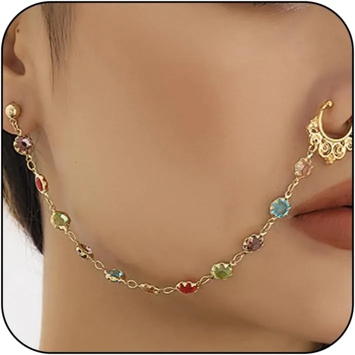 Bling Gold Nose Rings Belly Dance Nose Ring to Ear Goth Non Piercing Fake Nose Ring Colorful Crystal Stone Nose Chain Punk Face Jewelry for Women Carnival Jewelry