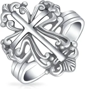 Bling Jewelry Christian Religious Fleur de Lis Cross Ring in Vintage Style for Men and Women Oxidized .925 Sterling Silver