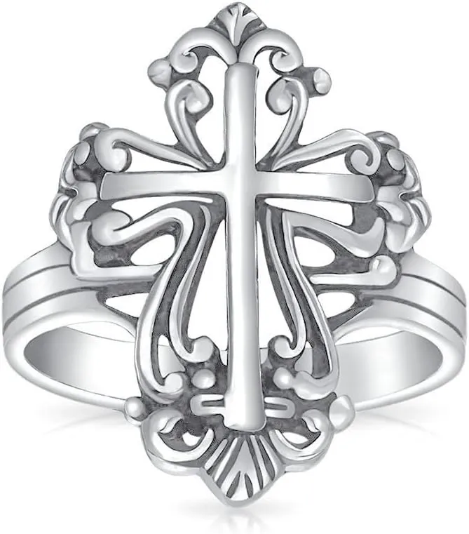 Bling Jewelry Christian Religious Fleur de Lis Cross Ring in Vintage Style for Men and Women Oxidized .925 Sterling Silver