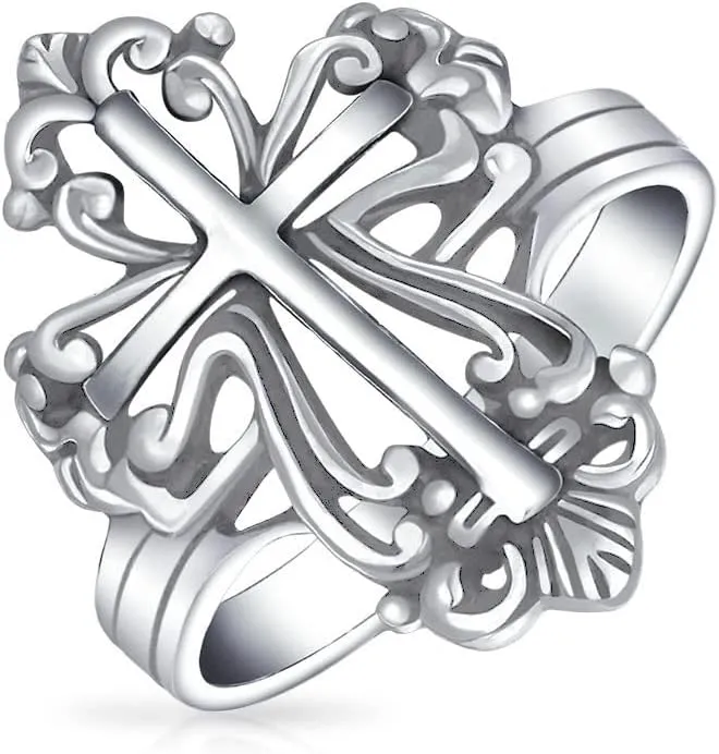 Bling Jewelry Christian Religious Fleur de Lis Cross Ring in Vintage Style for Men and Women Oxidized .925 Sterling Silver