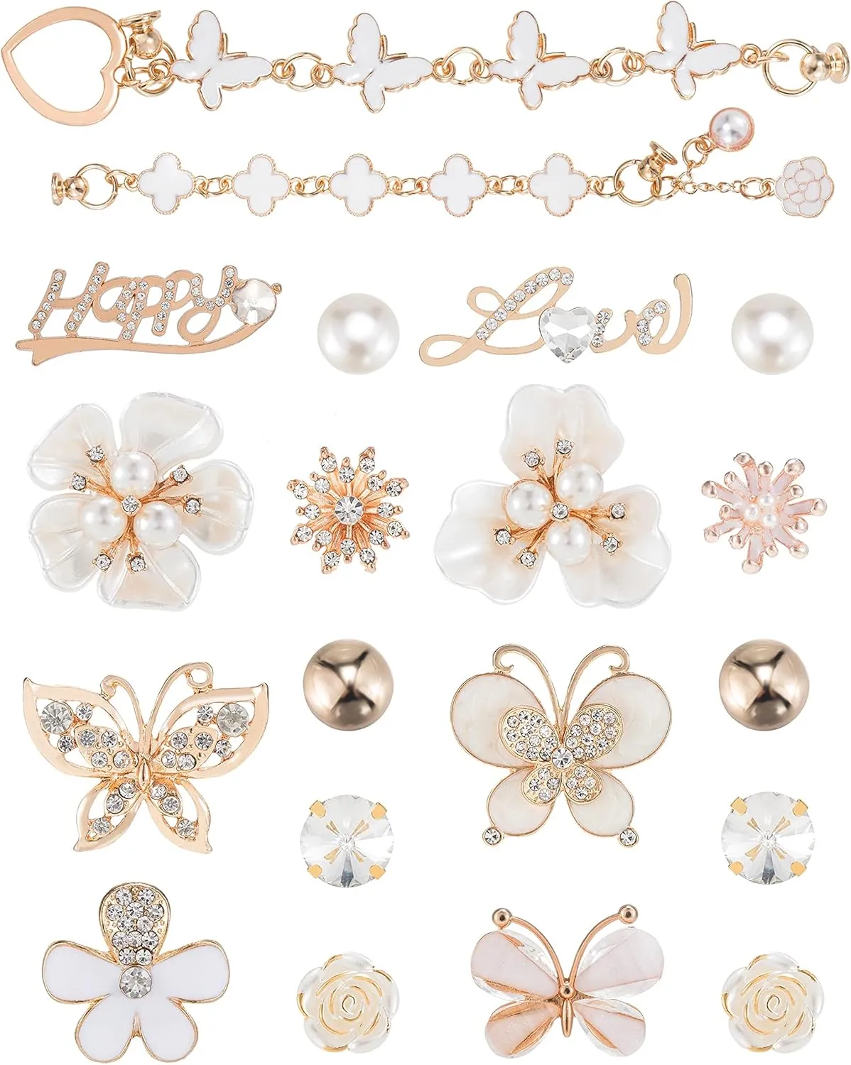 Bling Shoe Charms with Chains Designer Flower and Butterfly Shoe Decoration Pack Pearl Diamond Jewelry Clog Pins Jewelry Rhinestone Accessories for Girls Women