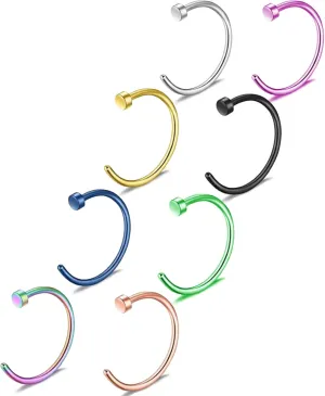 BLISI 8PCS Titanium Nose Rings Set 18K Gold Plated 18G/20G C-Shaped Cute Half Hoops - 8mm 10mm Nose Rings Hoops for Women & Men, Hypoallergenic Fake Nose Ring in Silver Gold Black Rose Gold Pink Rainbow Blue Green