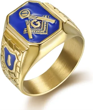 Blue Masonic Freemason Ring, Blue Lodge Masonic Ring for Men, Gold Masonic Master Ring Punk Freemason Symbol Jewelry, Gold Freemasonry Biker Ring Hip Hop Mason Ring Religious Amulet Ring for mens