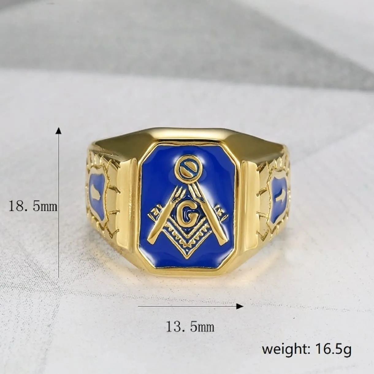 Blue Masonic Freemason Ring, Blue Lodge Masonic Ring for Men, Gold Masonic Master Ring Punk Freemason Symbol Jewelry, Gold Freemasonry Biker Ring Hip Hop Mason Ring Religious Amulet Ring for mens