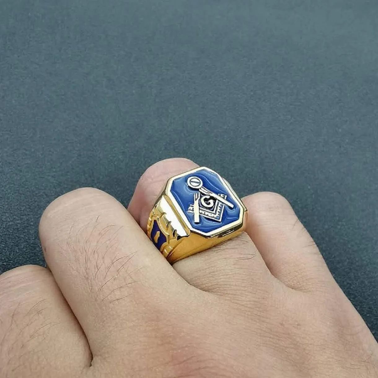 Blue Masonic Freemason Ring, Blue Lodge Masonic Ring for Men, Gold Masonic Master Ring Punk Freemason Symbol Jewelry, Gold Freemasonry Biker Ring Hip Hop Mason Ring Religious Amulet Ring for mens