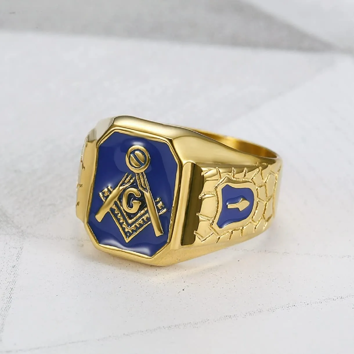 Blue Masonic Freemason Ring, Blue Lodge Masonic Ring for Men, Gold Masonic Master Ring Punk Freemason Symbol Jewelry, Gold Freemasonry Biker Ring Hip Hop Mason Ring Religious Amulet Ring for mens