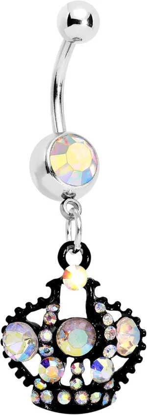 Body Candy Stainless Steel Aurora Accented Black Versailles Queen Crown Dangle Belly Ring