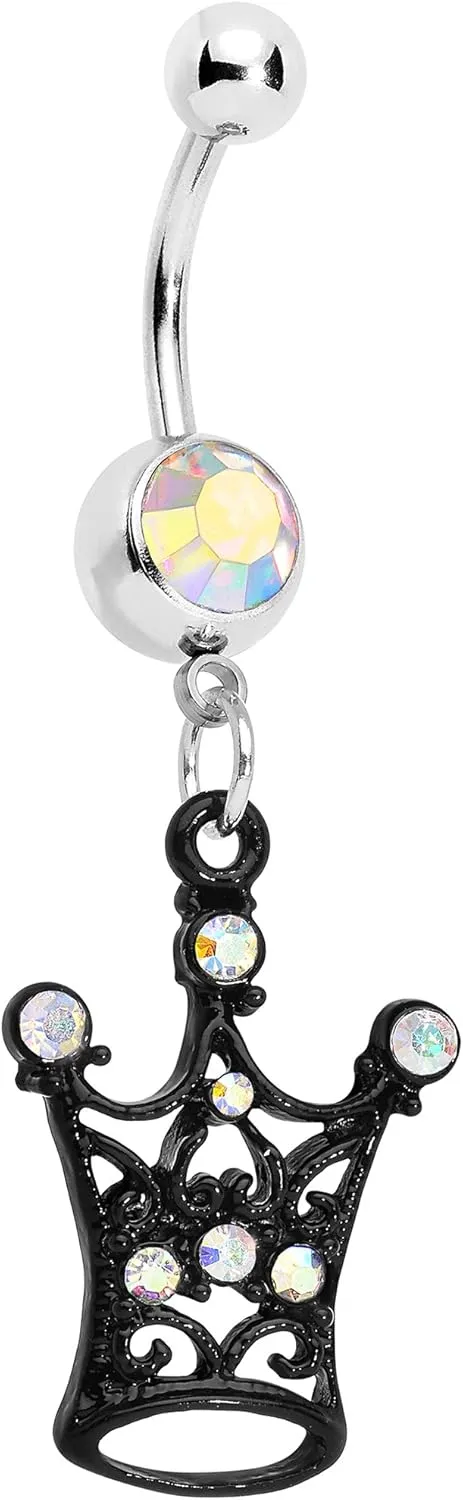 Body Candy Stainless Steel Aurora Accented Black Victorian King Crown Dangle Belly Ring