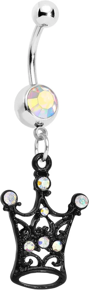 Body Candy Stainless Steel Aurora Accented Black Victorian King Crown Dangle Belly Ring