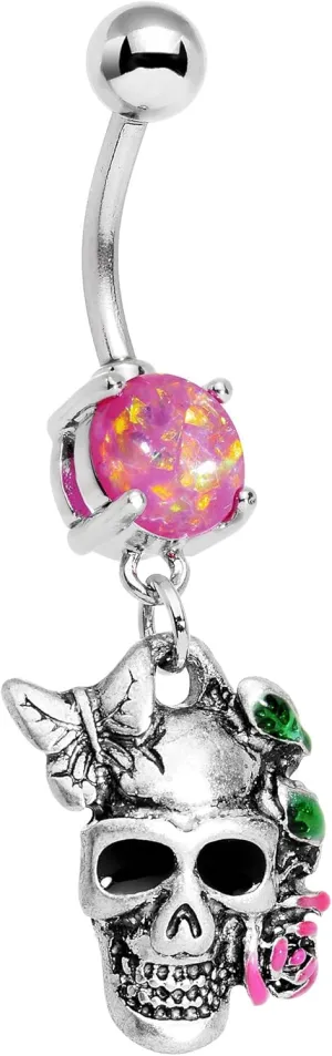 Body Candy Stainless Steel Iridescent Pink Accent Beautiful Butterfly Rose Skull Dangle Belly Ring