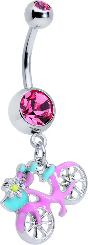 Body Candy Steel Pink Accent Pop a Wheelie Bike Dangle Belly Button Ring