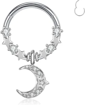 BodyAce 16G Dangle Septum Rings for Women, Blue Planet Star Dangle Septum Nose Rings, CZ Crescent Helix Cartilage Earrings Dangling Septum Piercing Jewelry