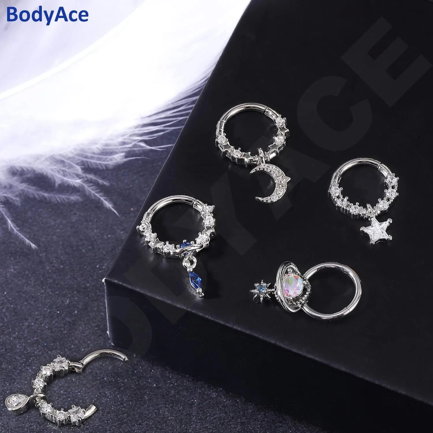 BodyAce 16G Dangle Septum Rings for Women, Blue Planet Star Dangle Septum Nose Rings, CZ Crescent Helix Cartilage Earrings Dangling Septum Piercing Jewelry