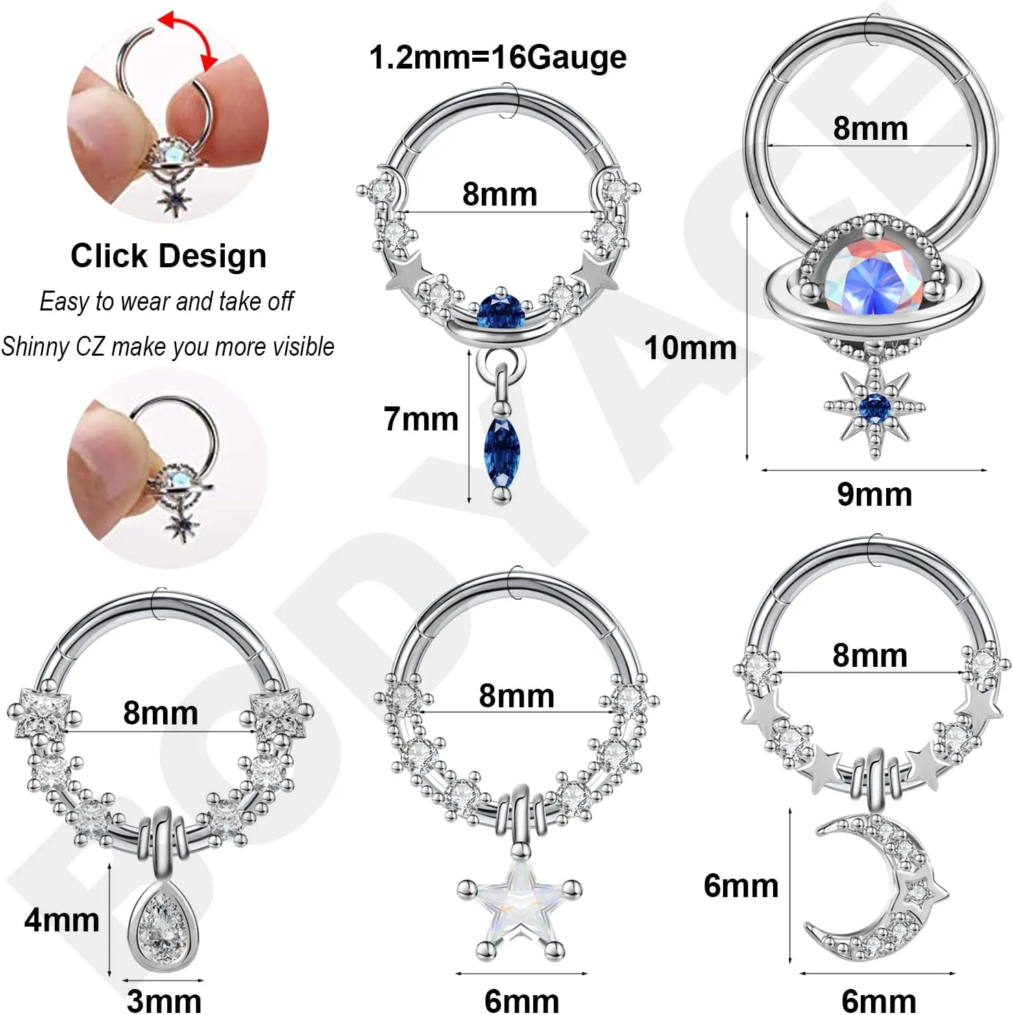 BodyAce 16G Dangle Septum Rings for Women, Blue Planet Star Dangle Septum Nose Rings, CZ Crescent Helix Cartilage Earrings Dangling Septum Piercing Jewelry