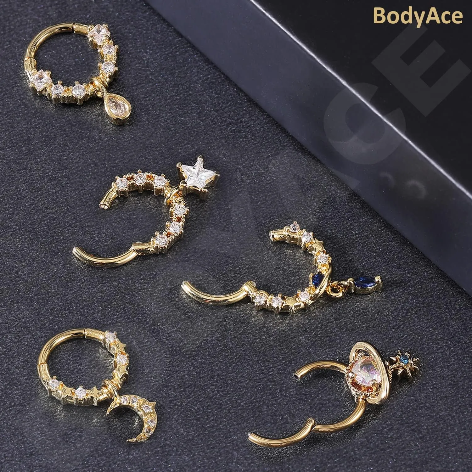 BodyAce 16G Dangle Septum Rings for Women, Blue Planet Star Dangle Septum Nose Rings, CZ Crescent Helix Cartilage Earrings Dangling Septum Piercing Jewelry
