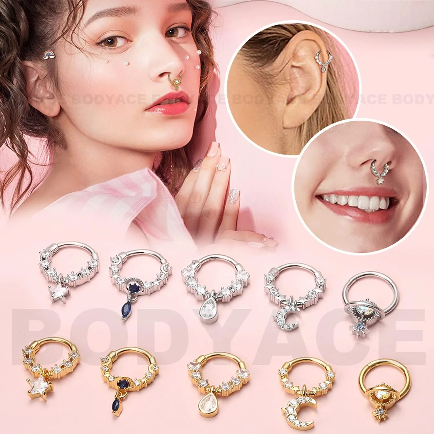 BodyAce 16G Dangle Septum Rings for Women, Blue Planet Star Dangle Septum Nose Rings, CZ Crescent Helix Cartilage Earrings Dangling Septum Piercing Jewelry