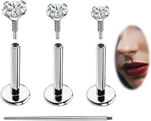 BodyAce F136 Titanium Labret Piercing Medusa Jewelry, Long Internally Threaded Tragus Earrings Stud, 16G 18G Lip Ring CZ Flat Back Nose Ashely Helix Jewelry