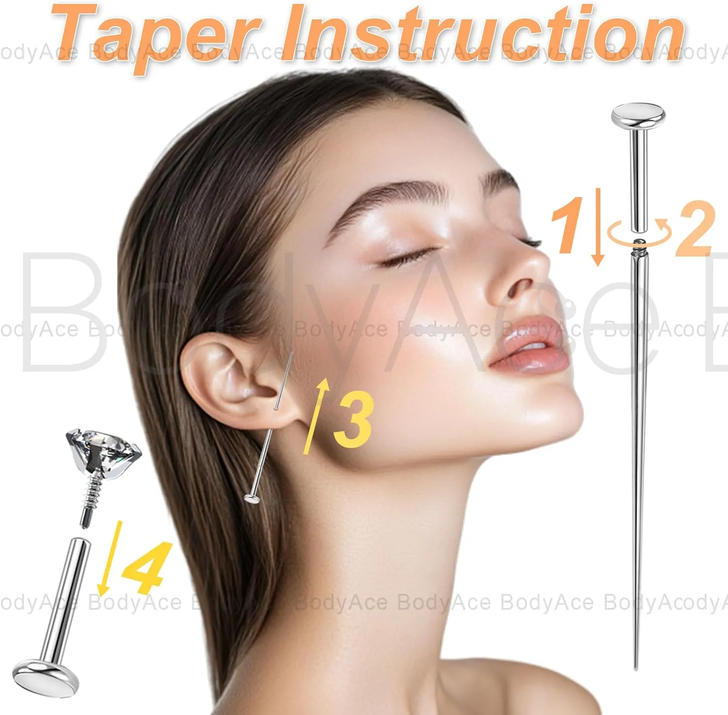 BodyAce F136 Titanium Labret Piercing Medusa Jewelry, Long Internally Threaded Tragus Earrings Stud, 16G 18G Lip Ring CZ Flat Back Nose Ashely Helix Jewelry