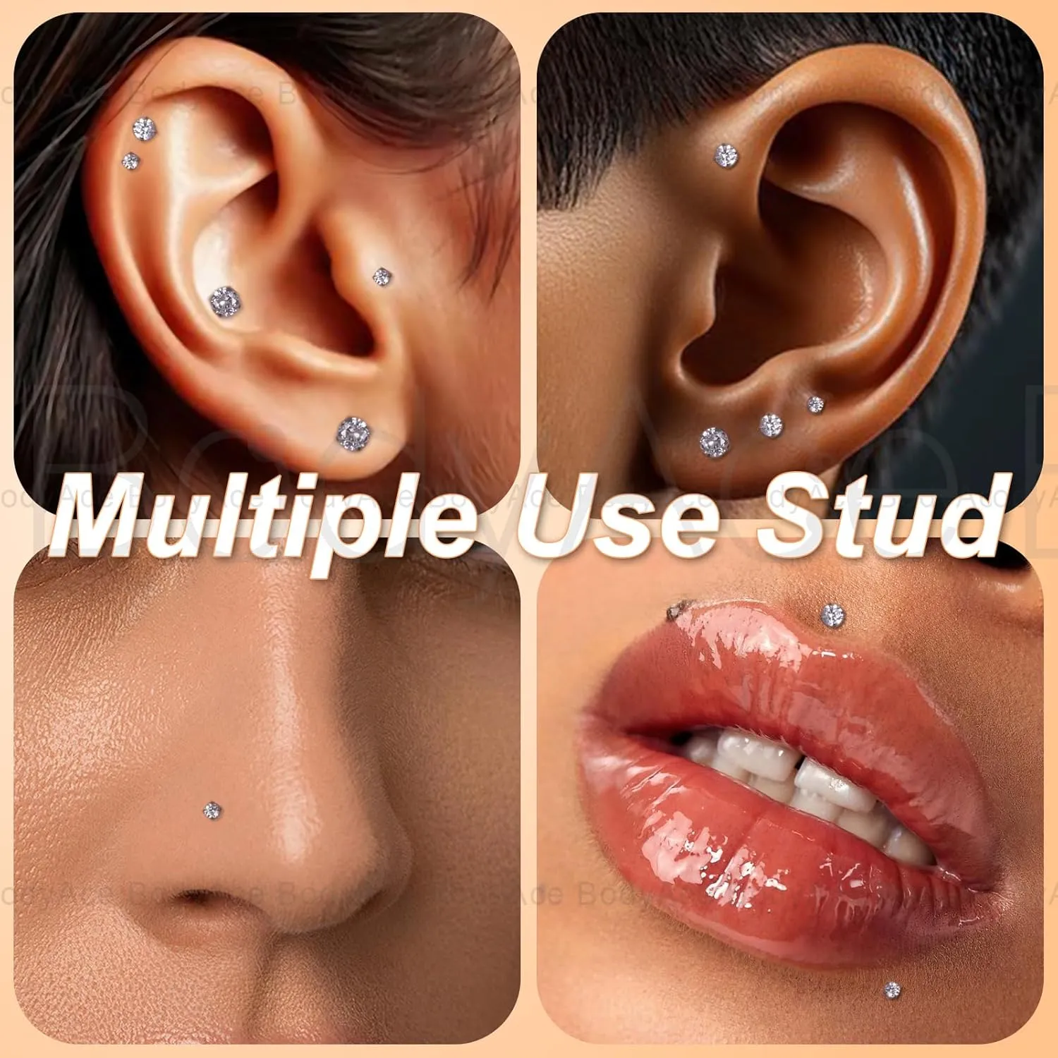 BodyAce F136 Titanium Labret Piercing Medusa Jewelry, Long Internally Threaded Tragus Earrings Stud, 16G 18G Lip Ring CZ Flat Back Nose Ashely Helix Jewelry