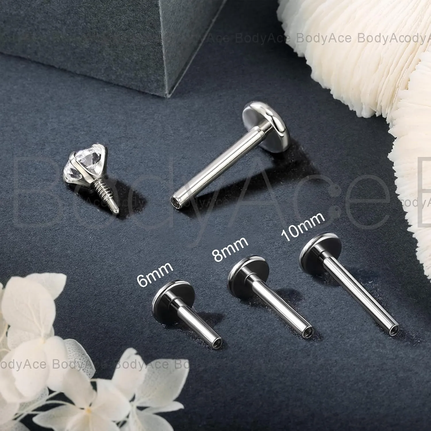 BodyAce F136 Titanium Labret Piercing Medusa Jewelry, Long Internally Threaded Tragus Earrings Stud, 16G 18G Lip Ring CZ Flat Back Nose Ashely Helix Jewelry