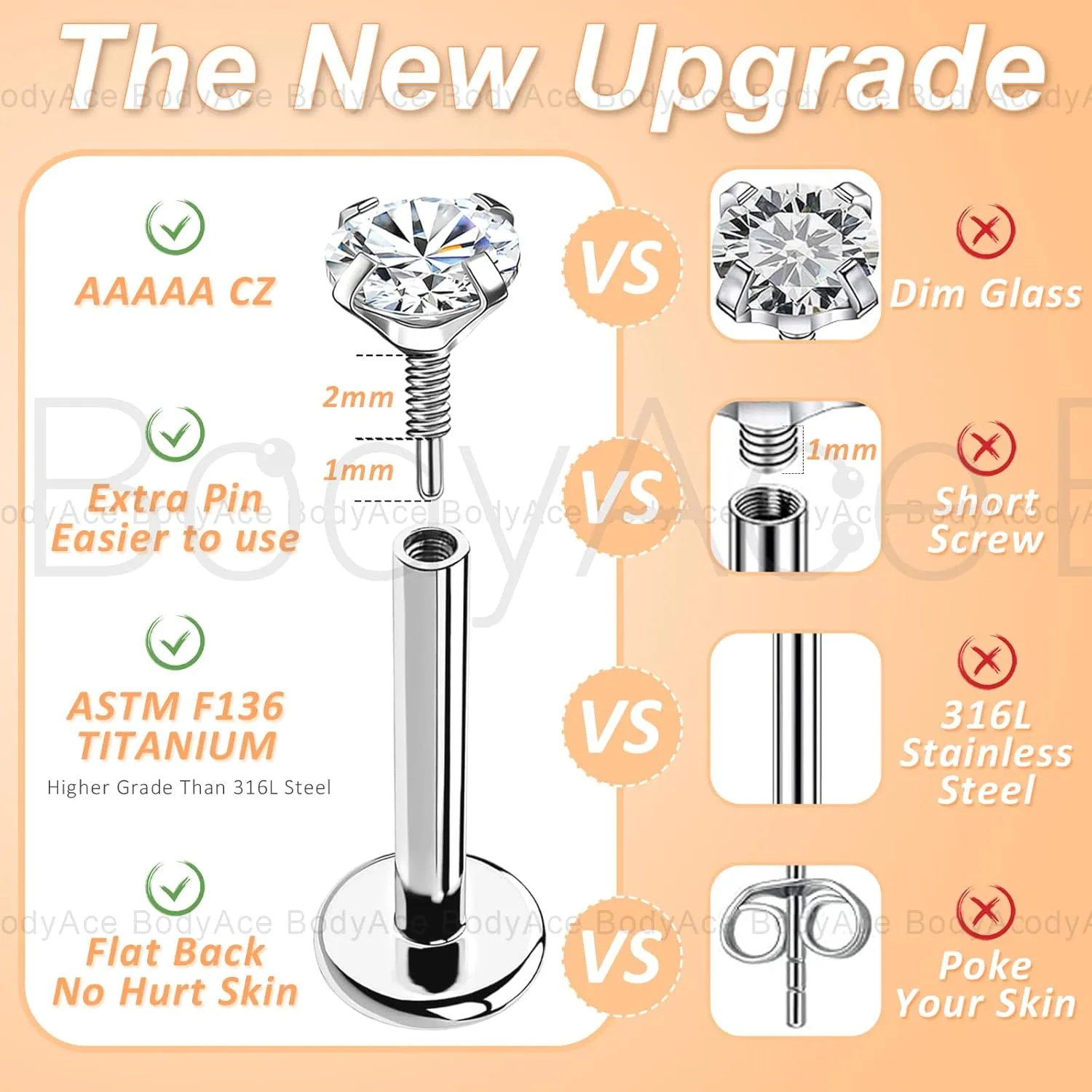 BodyAce F136 Titanium Labret Piercing Medusa Jewelry, Long Internally Threaded Tragus Earrings Stud, 16G 18G Lip Ring CZ Flat Back Nose Ashely Helix Jewelry
