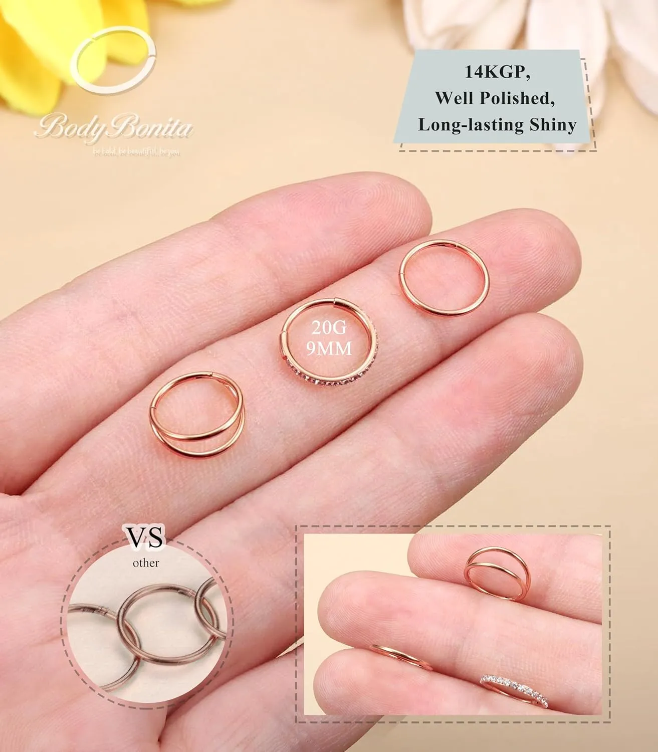 BodyBonita 3pcs Nose Rings Hoops - 316L Surgical Steel Double Hoop Nose Rings 14G/16G/18G/20G Hinged CZ Piercing Jewelry Septum Clicker Rings Cartilage Earring Helix Rook Tragus Daith 7mm/8mm/9mm/10mm