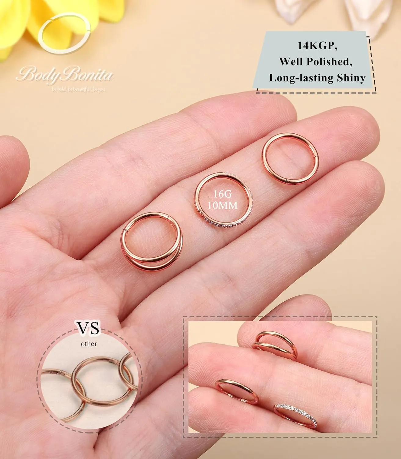 BodyBonita 3pcs Nose Rings Hoops - 316L Surgical Steel Double Hoop Nose Rings 14G/16G/18G/20G Hinged CZ Piercing Jewelry Septum Clicker Rings Cartilage Earring Helix Rook Tragus Daith 7mm/8mm/9mm/10mm