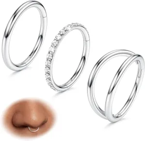 BodyBonita 3pcs Nose Rings Hoops - 316L Surgical Steel Double Hoop Nose Rings 14G/16G/18G/20G Hinged CZ Piercing Jewelry Septum Clicker Rings Cartilage Earring Helix Rook Tragus Daith 7mm/8mm/9mm/10mm