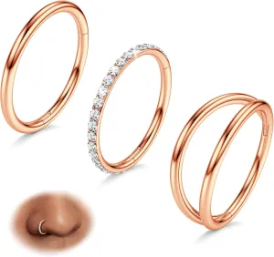 BodyBonita 3pcs Nose Rings Hoops - 316L Surgical Steel Double Hoop Nose Rings 14G/16G/18G/20G Hinged CZ Piercing Jewelry Septum Clicker Rings Cartilage Earring Helix Rook Tragus Daith 7mm/8mm/9mm/10mm