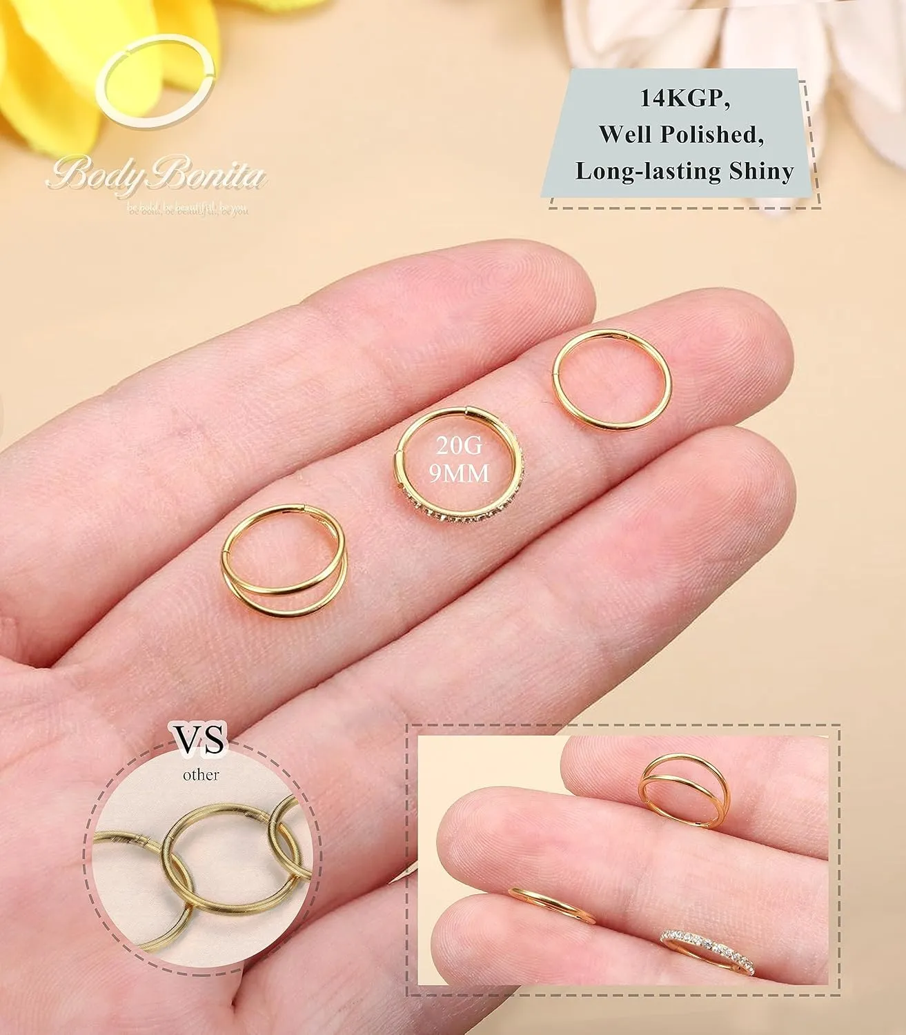 BodyBonita 3pcs Nose Rings Hoops - 316L Surgical Steel Double Hoop Nose Rings 14G/16G/18G/20G Hinged CZ Piercing Jewelry Septum Clicker Rings Cartilage Earring Helix Rook Tragus Daith 7mm/8mm/9mm/10mm