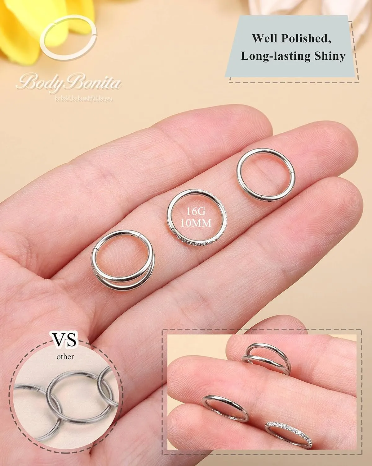 BodyBonita 3pcs Nose Rings Hoops - 316L Surgical Steel Double Hoop Nose Rings 14G/16G/18G/20G Hinged CZ Piercing Jewelry Septum Clicker Rings Cartilage Earring Helix Rook Tragus Daith 7mm/8mm/9mm/10mm