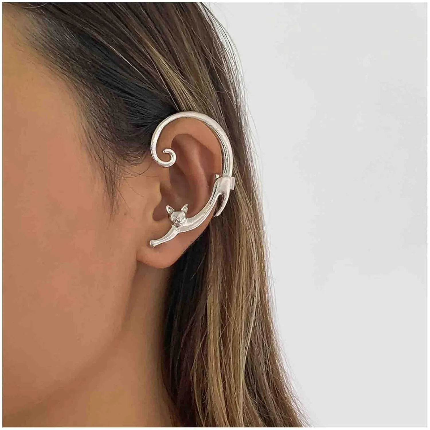 Bohemian Cat Cuff Earrings Silver Kitty Ear Wrap Earring Kitten Cat Earrings Vintage Cat Cartilage Climber Earrings Jewelry for Women Animal Earrings(Silver)