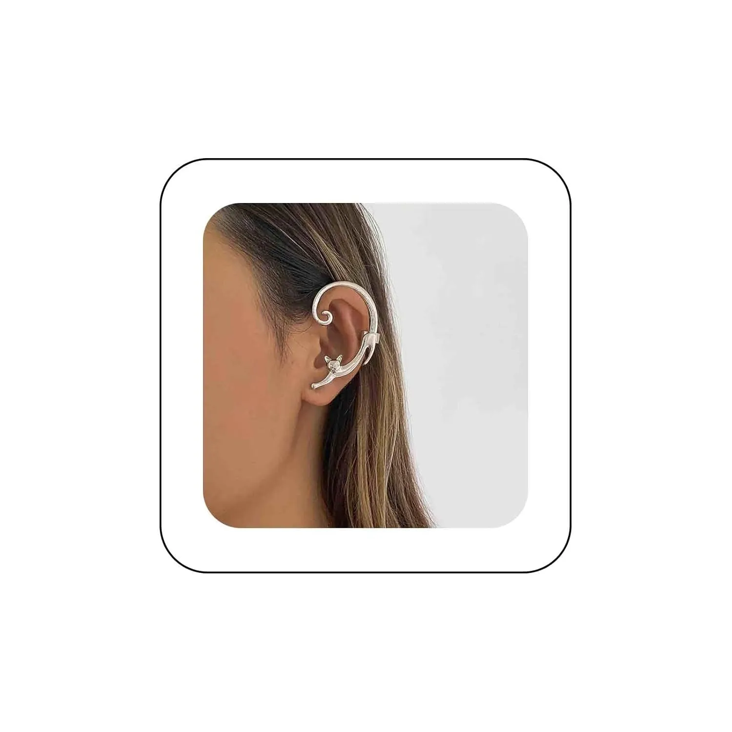 Bohemian Cat Cuff Earrings Silver Kitty Ear Wrap Earring Kitten Cat Earrings Vintage Cat Cartilage Climber Earrings Jewelry for Women Animal Earrings(Silver)