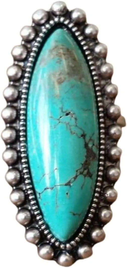 Bohemian Vintage Turquoise Oval Flower Rings Geometric Ethnic Natural Stone Adjustable Silver Joint Knuckle Rings Western Cowgirl Statement Jewelry