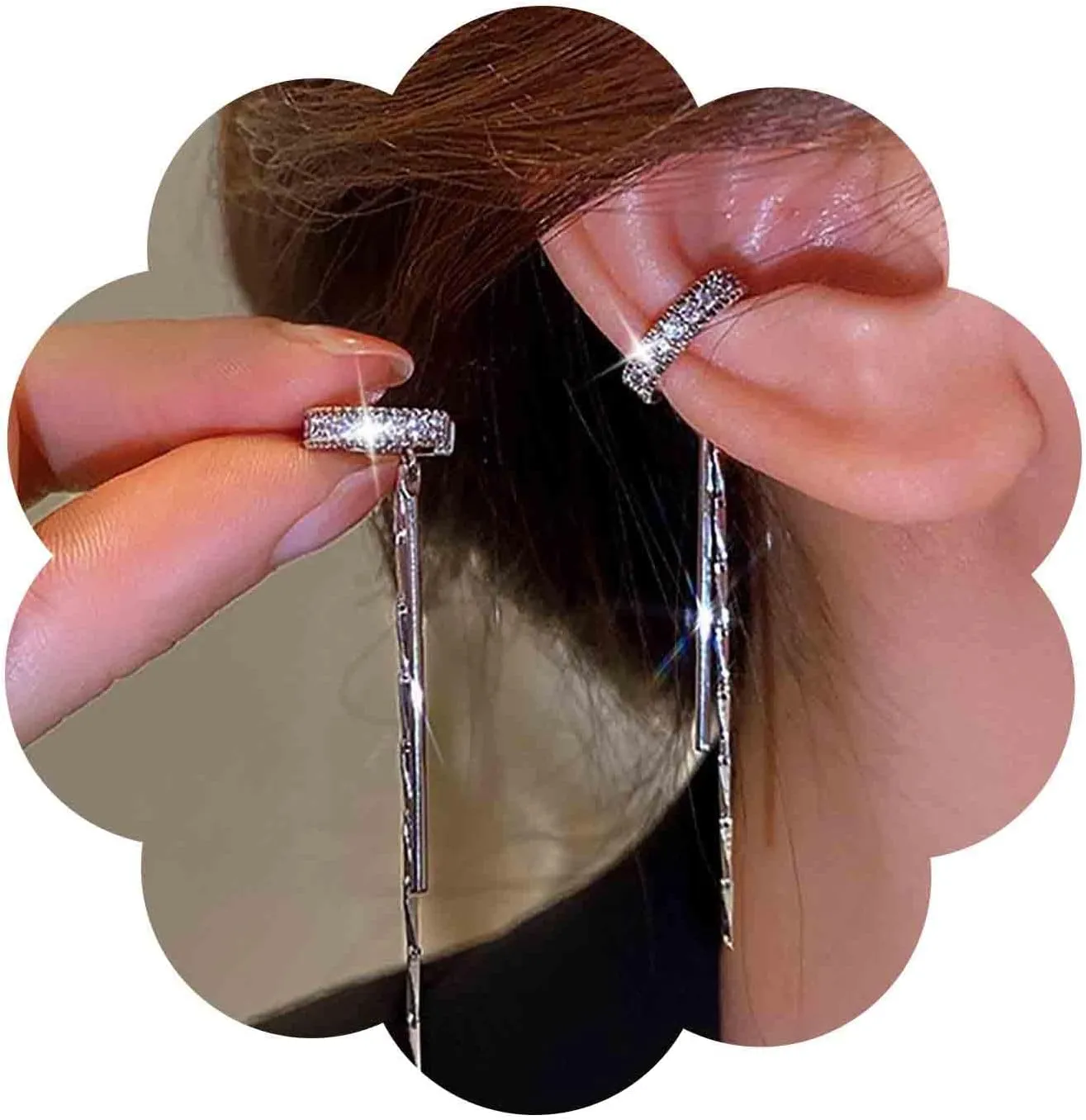 Boho Cz Circle Cuff Earrings Silver Crystal Long Chain Dangle Earrings Tassel Chain Ear Cuff Earrings Rhinestone Ring Helix Chain Earring Non Pierced Clip on Earrings Jewelry for Women