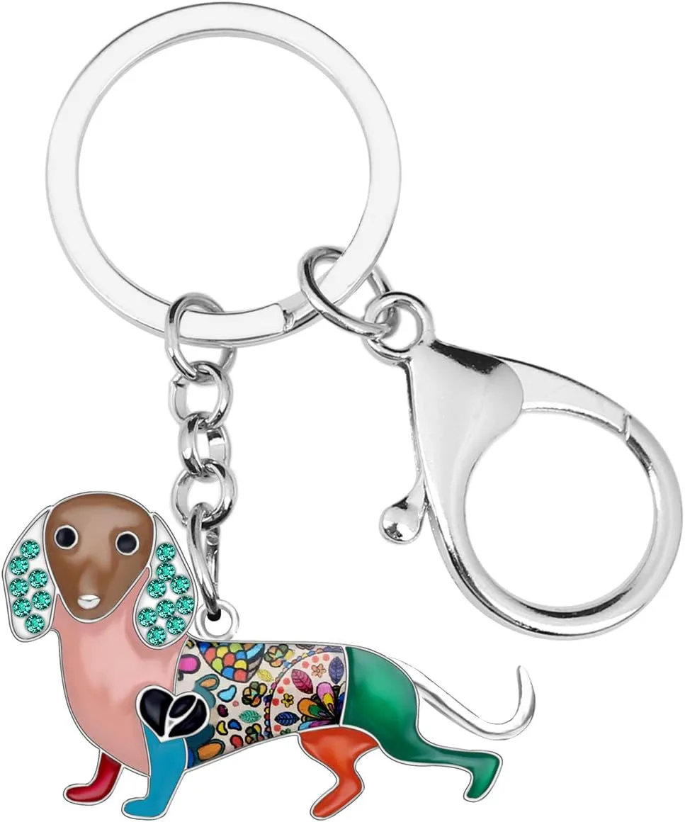 BONSNY Enamel Metal Heart Rhinestone Dachshund Dog Key Chains For Women Kids Car Purse bag Rings Charms Pets Gift