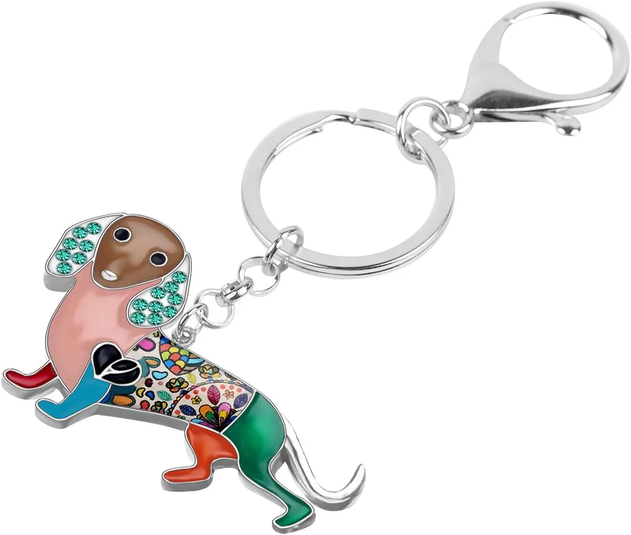 BONSNY Enamel Metal Heart Rhinestone Dachshund Dog Key Chains For Women Kids Car Purse bag Rings Charms Pets Gift