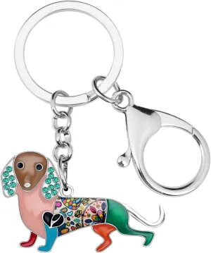BONSNY Enamel Metal Heart Rhinestone Dachshund Dog Key Chains For Women Kids Car Purse bag Rings Charms Pets Gift