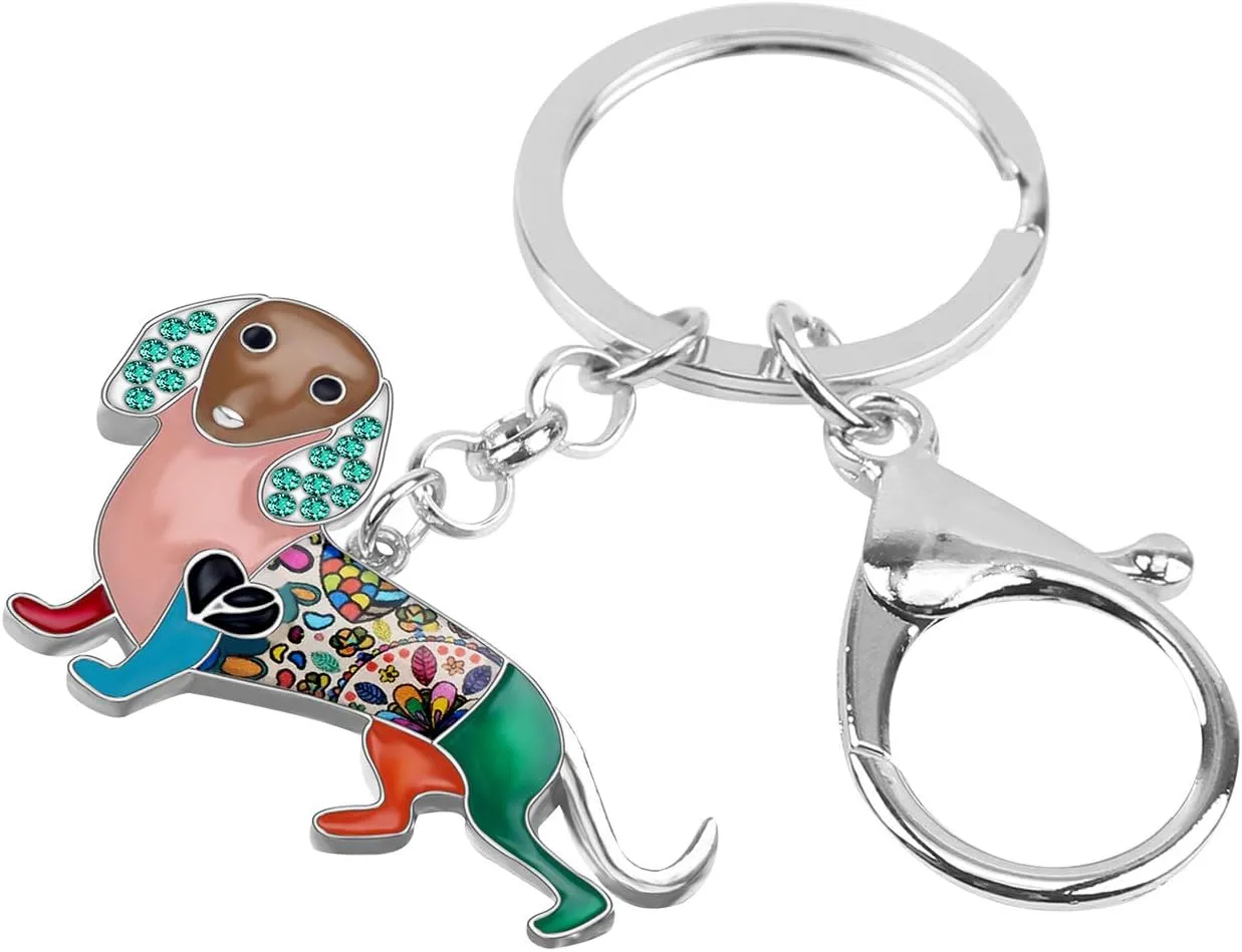 BONSNY Enamel Metal Heart Rhinestone Dachshund Dog Key Chains For Women Kids Car Purse bag Rings Charms Pets Gift