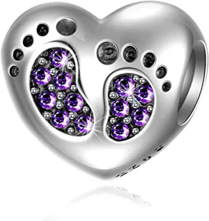 Bracelet Baby Footprints Charms - 925 Sterling Silver Pendant, Heart Birthstone plated Crystals - Mini Beads Fit Charm Bracelets, Necklaces, and European Snake Chains, Gift to New Mom/Child. (Purple)