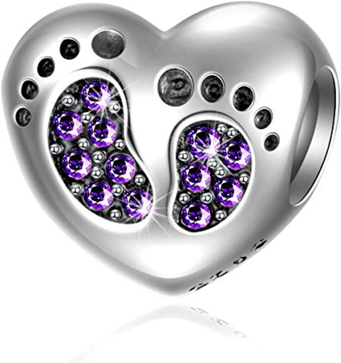 Bracelet Baby Footprints Charms - 925 Sterling Silver Pendant, Heart Birthstone plated Crystals - Mini Beads Fit Charm Bracelets, Necklaces, and European Snake Chains, Gift to New Mom/Child. (Purple)